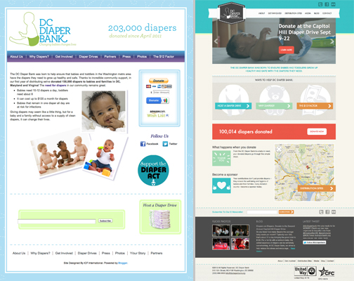 The before & after homepages for nonprofit, DC Diaper Bank's new WordPress-powered website, designed and developed during CreateathonDC