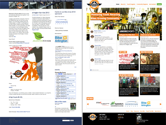 The before & after homepages for nonprofit, Phoenix Bikes's new WordPress-powered website, designed and developed during CreateathonDC