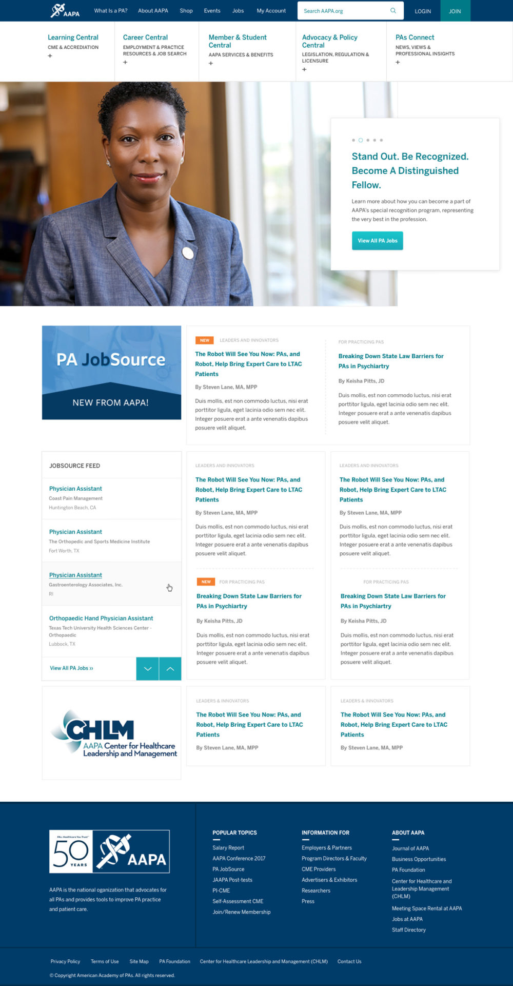 American Academy of Physician Assistants WordPress homepage mockup